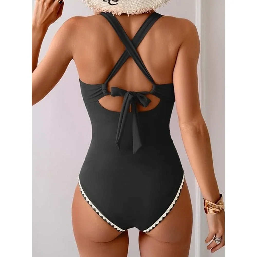 B2PRITY Womens One Piece Swimsuit Black Ric Rac Trim Ruched V-Neck Size M NWT - Picture 10 of 10